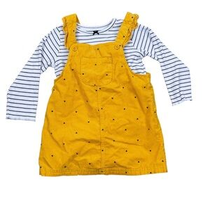 Carter's Yellow Corduroy Heart Skirt Overalls Dress & Striped Long Sleeve Shirt